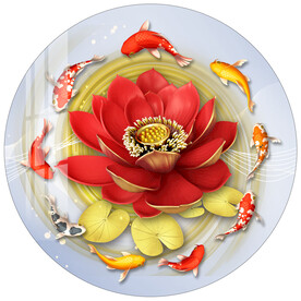 荷花九鱼图圆形装饰画