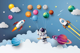 立体太空星球卡通宇航员火箭背景