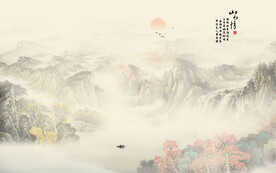 中式水墨国画山水背景墙壁画
