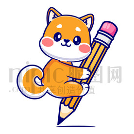 可爱卡通爬上铅笔的小狗插画素材