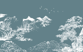 线描山水禅意山水迎客松背景墙