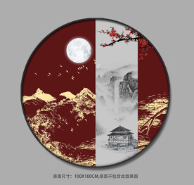 新中式山水金色线描背景墙装饰画