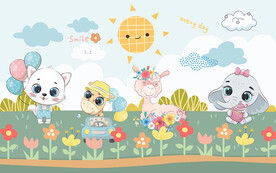 可爱卡通小动物草地儿童房背景墙