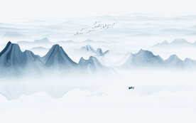 蓝色抽象水墨山水画背景墙