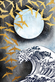 新中式海浪飞鸟月亮装饰画