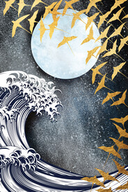 新中式海浪金色飞鸟明月客厅挂画