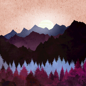 神秘紫色山峦森林日出装饰画