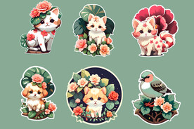 可爱猫咪与花朵贴纸