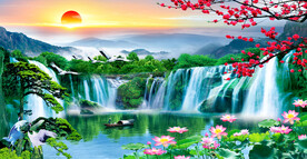 高山流水瀑布山水画