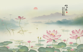 新中式手绘荷花背景墙