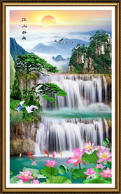 流水生财瀑布迎客松