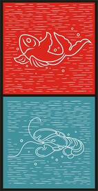 中国风手绘国潮鲤鱼浪花龙虾图案