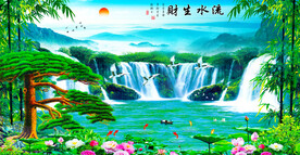 瀑布山水流水生财挂画