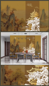 高清中式山水轻奢简约金线阁楼	