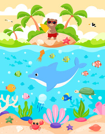 卡通海豚海洋热带鱼沙滩海底背景