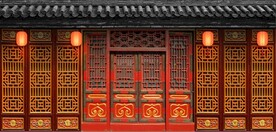 仿古中式古建筑酒楼背景墙壁画