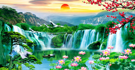 流水生财瀑布迎客松