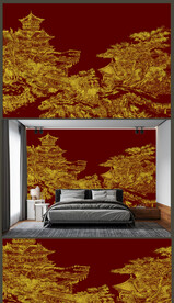 高清中式山水轻奢简约金线阁楼	