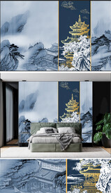 原创新中式轻奢水墨意境山水背景