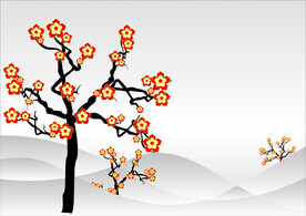 国风水墨花朵树木背景CDR矢量