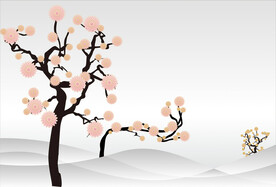 国风水墨花朵树木背景CDR矢量