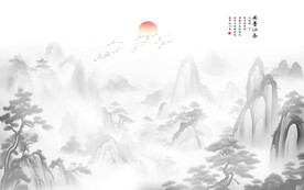 迎客松山水画背景墙