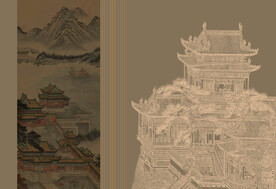 原创新中式楼阁山水背景轻奢