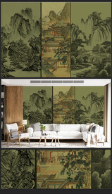 新中式轻奢楼阁山水背景壁画