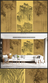 原创新中式轻奢楼阁山水背景壁画