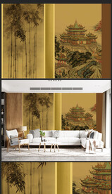 原创新中式轻奢楼阁山水背景壁画