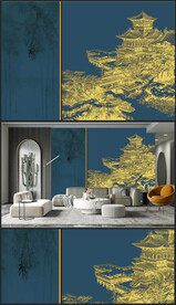 原创新中式轻奢楼阁山水背景壁画