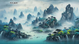 国画流水生财山水