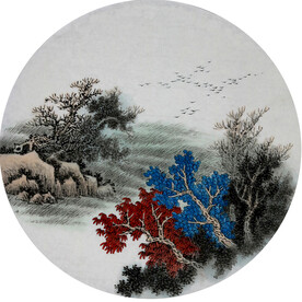 新中式 山水画 水墨画 圆形画