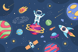 卡通太空火箭手绘宇航员星球背景