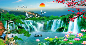 山水画瀑布迎客松