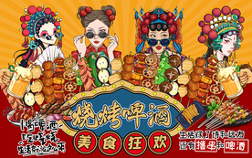 国潮风烧烤啤酒美女工装背景墙