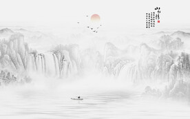 禅意水墨山水画背景墙
