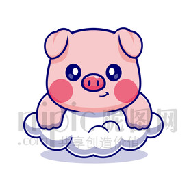 可爱卡通趴在云朵上的小猪