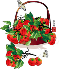 国画柿子矢量图