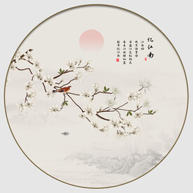 新中式圆形玉兰花鸟画