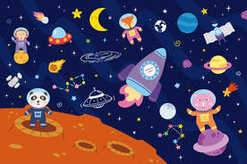 卡通动物宇航员火箭星球太空背景