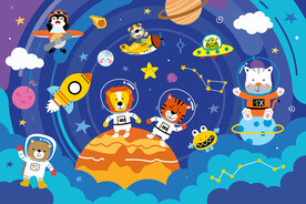 可爱动物卡通太空火箭星球背景墙