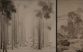 新中式楼阁山水背景轻奢壁画