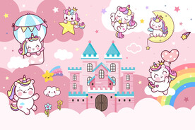 可爱彩虹独角兽卡通粉色城堡背景