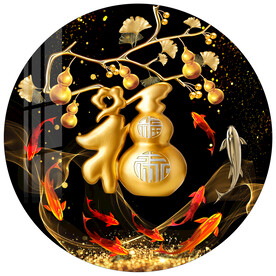 金色葫芦五福临门福鱼圆形装饰画