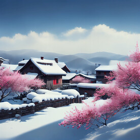 雪桃花相映图片