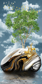 蓝天白云发财树玄关背景墙