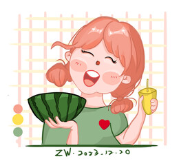 夏天吃西瓜喝饮料的女孩