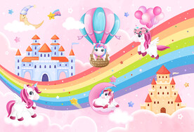 卡通城堡可爱独角兽彩虹气球背景