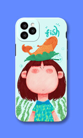 蓝色手绘可爱人物插画手机壳